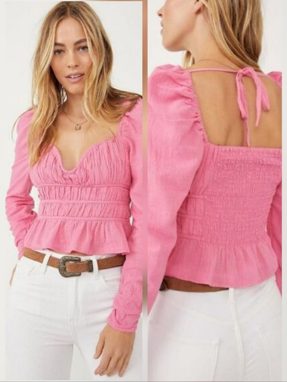 Nwt Retail $98 Pink Smocked Tie Neck Cotton Chloe Top Blouse • Dopamine Dressing